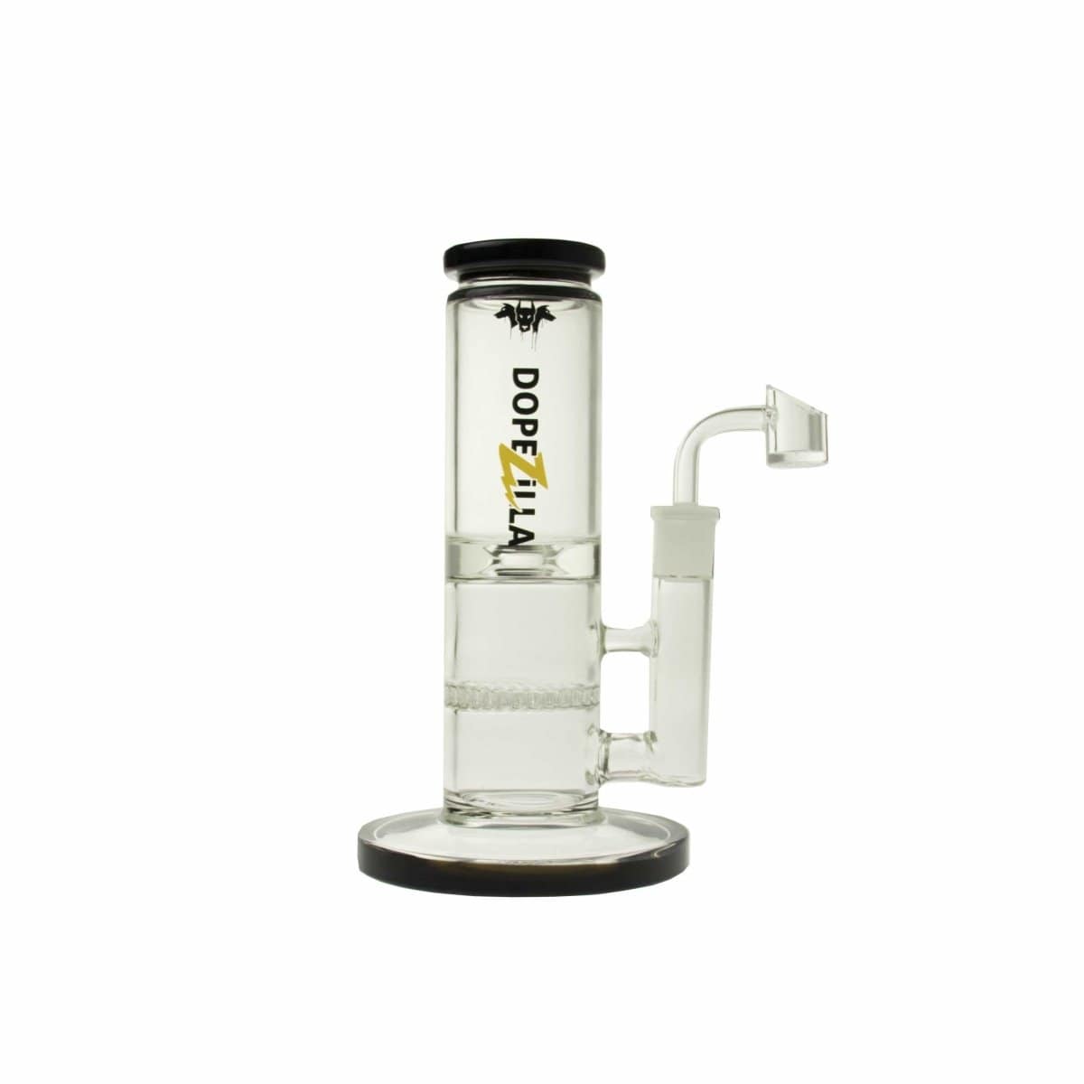 A studio shot of the DOPEZILLA CERBERUS 8 IN STRAIGHT WATER PIPE, displaying its clear glass construction and straight tube design.
