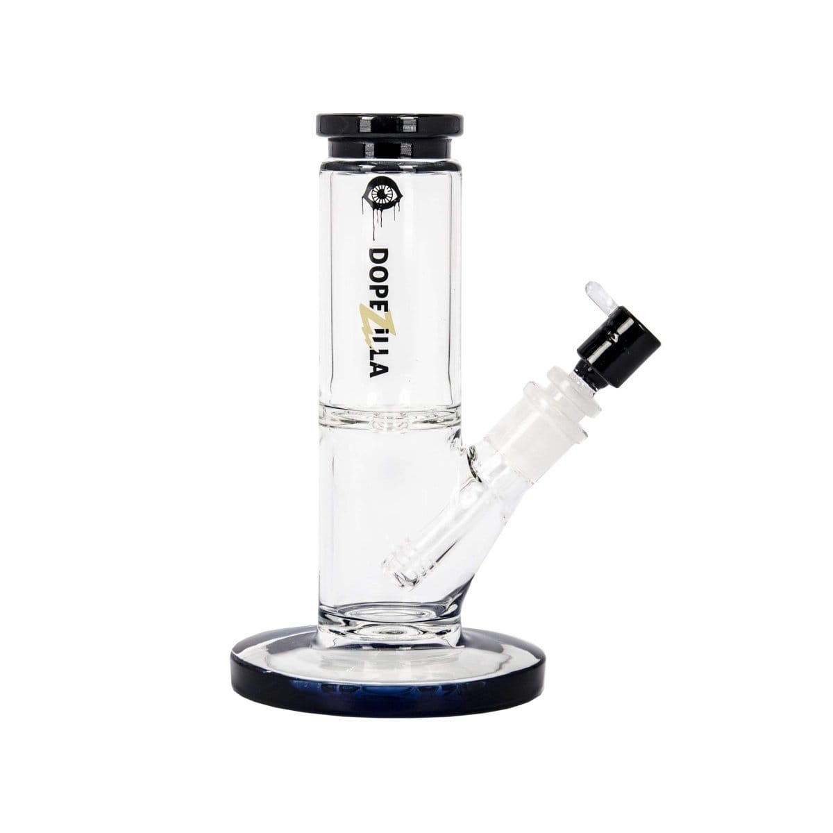 A straight-on view of the DOPEZILLA CYCLOPS 8 IN AND 12 IN STRAIGHT WATER PIPE, showing its clear glass construction and simple cylindrical shape.