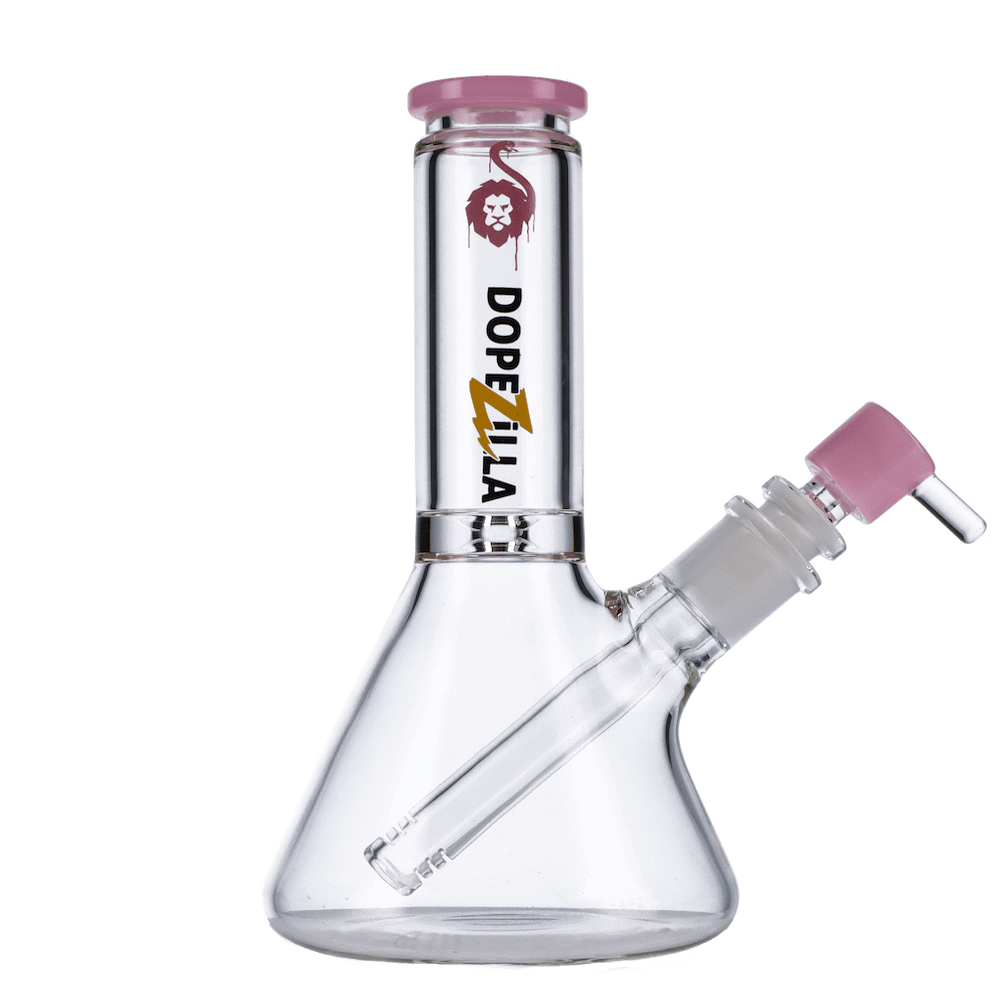 Front view of the Chimera Beaker Water Pipe, a clear glass beaker with a pink accent on the mouthpiece.