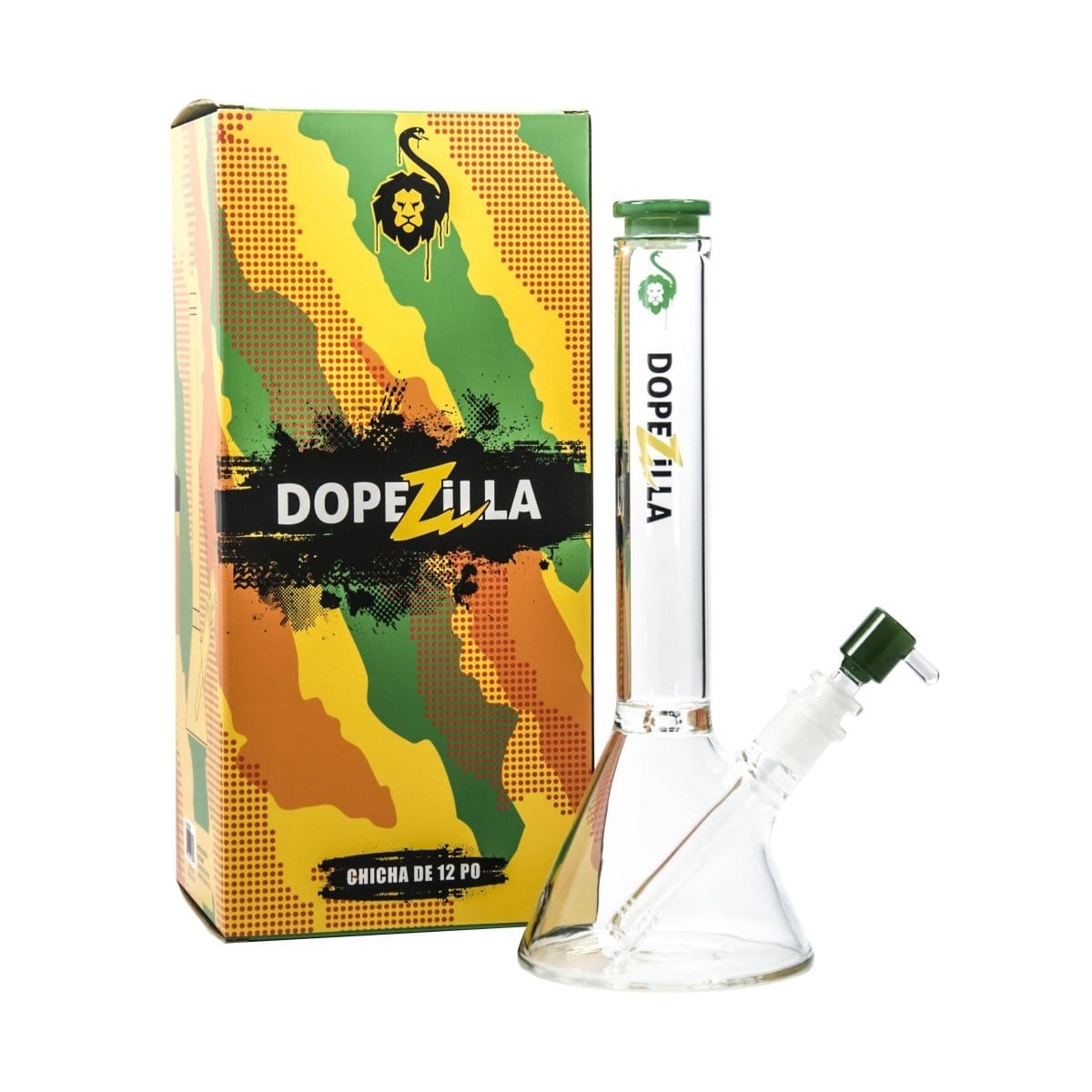 A front view of the Chimera Beaker Water Pipe, featuring a clear glass construction against a vibrant, colorful background.