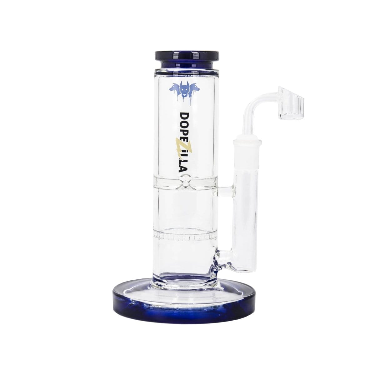 A straight-on view of the DOPEZILLA CERBERUS 8 IN water pipe, showcasing its clear glass construction and simple cylindrical form.