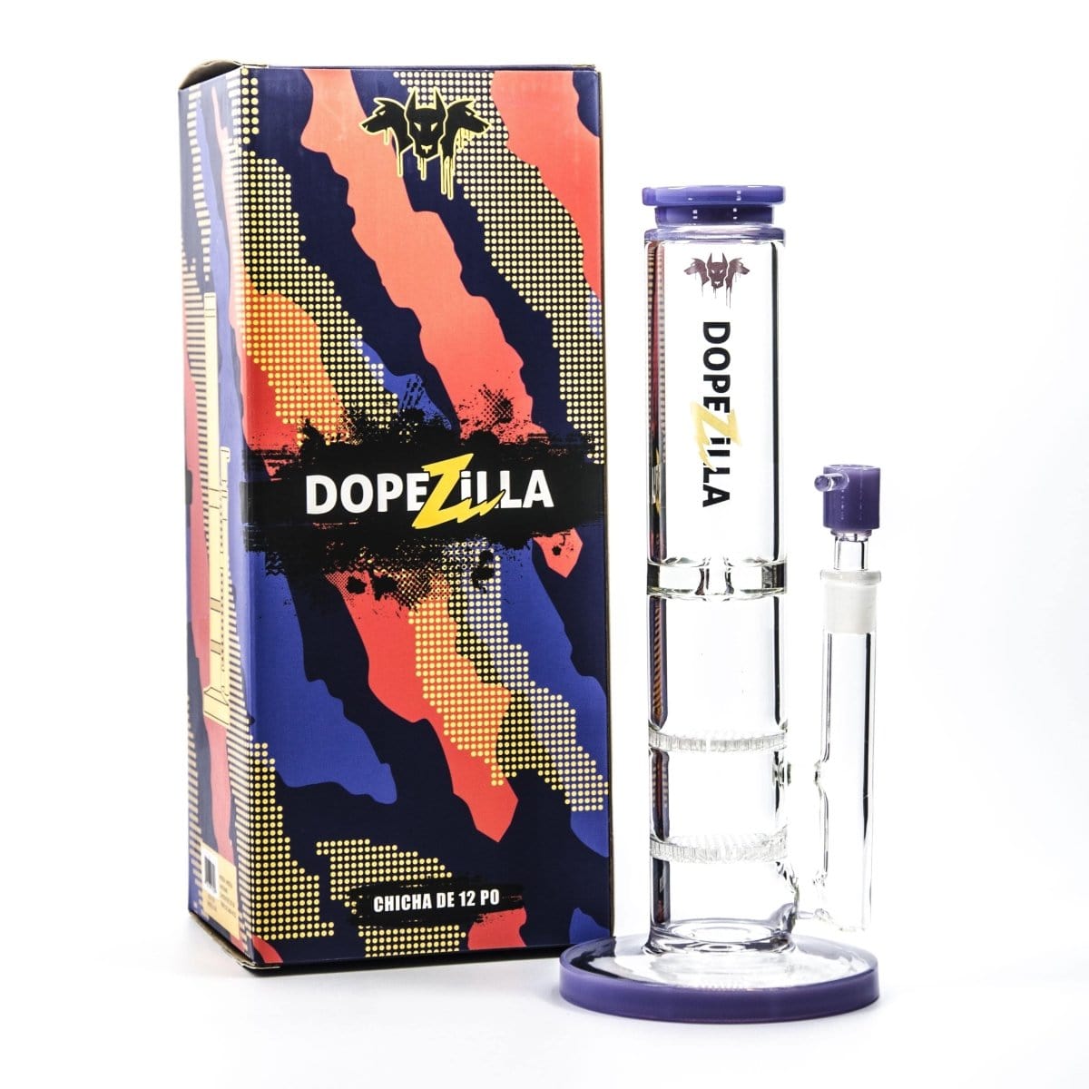 Front view of the DOPEZILLA CERBERUS 12 IN STRAIGHT WATER PIPE against a vibrant, colorful patterned background.