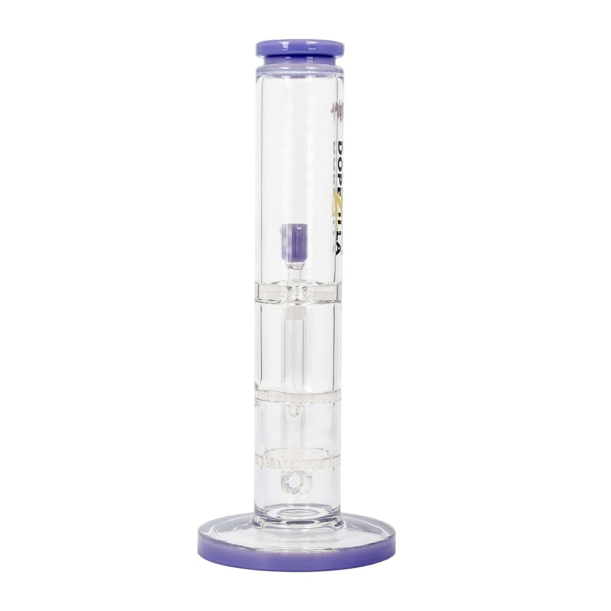 A front view of the DOPEZILLA CERBERUS 12 IN STRAIGHT WATER PIPE, showcasing its clear glass construction and cylindrical shape.