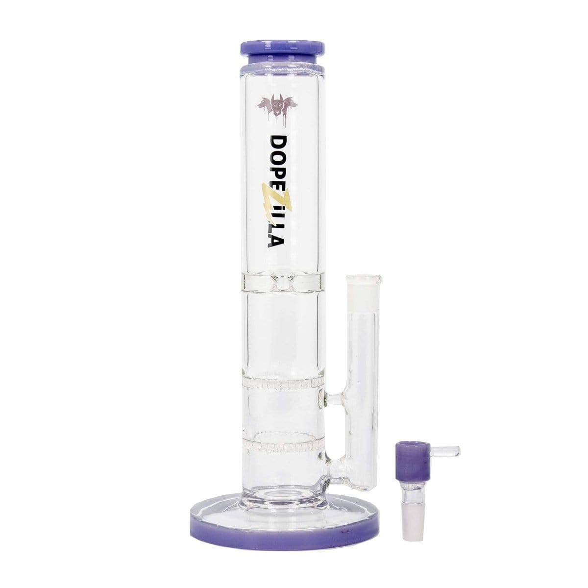 A studio shot of the DOPEZILLA CERBERUS 12 IN STRAIGHT WATER PIPE, displaying its clear glass construction and cylindrical form.