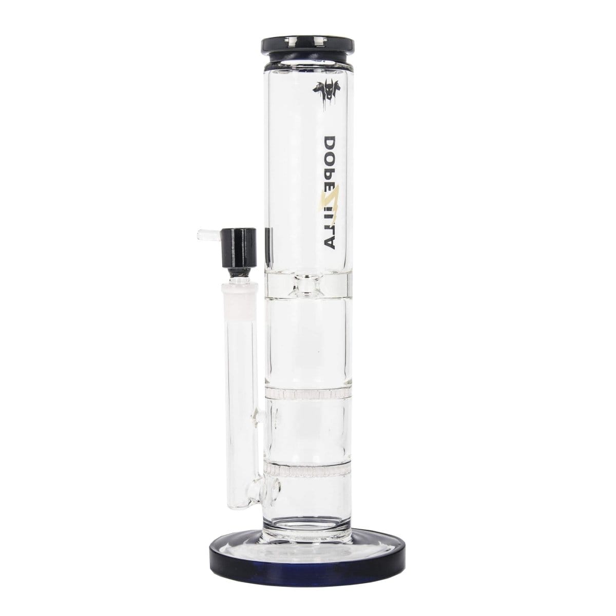A straight-on view of the DOPEZILLA CERBERUS 12 IN water pipe, showing its clear glass construction and simple cylindrical form.