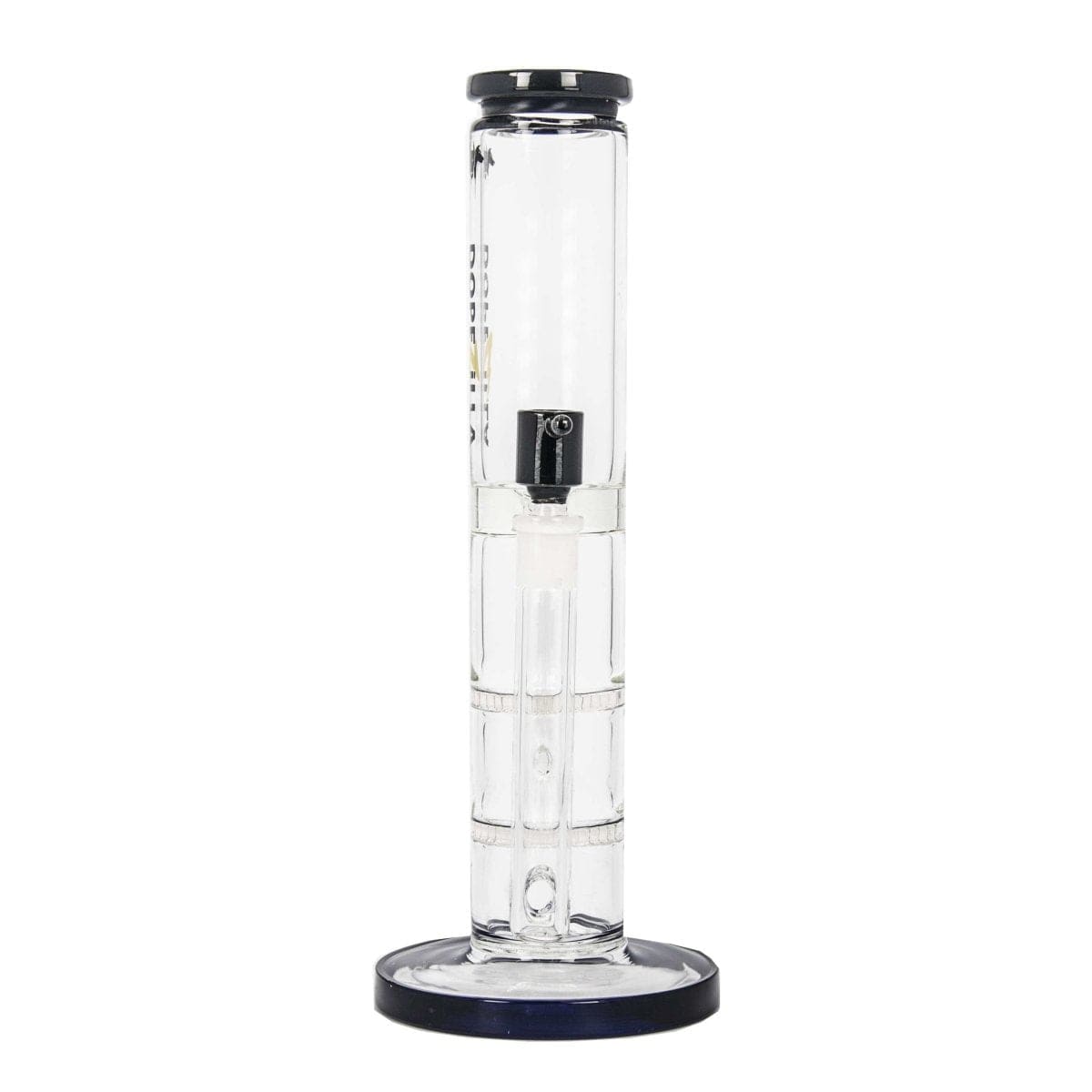Front view of the DOPEZILLA CERBERUS 12 IN STRAIGHT WATER PIPE, a clear glass tube with a wide base and simple cylindrical shape.