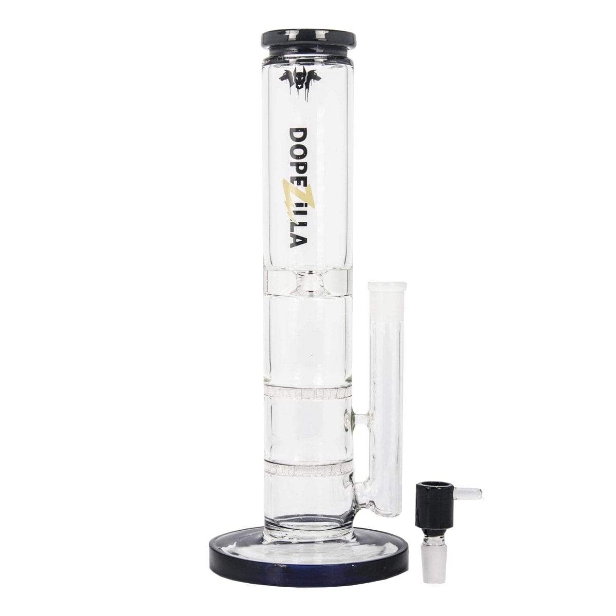 A straight-on view of the DOPEZILLA CERBERUS 12 IN water pipe, showcasing its clear glass construction and simple cylindrical form.