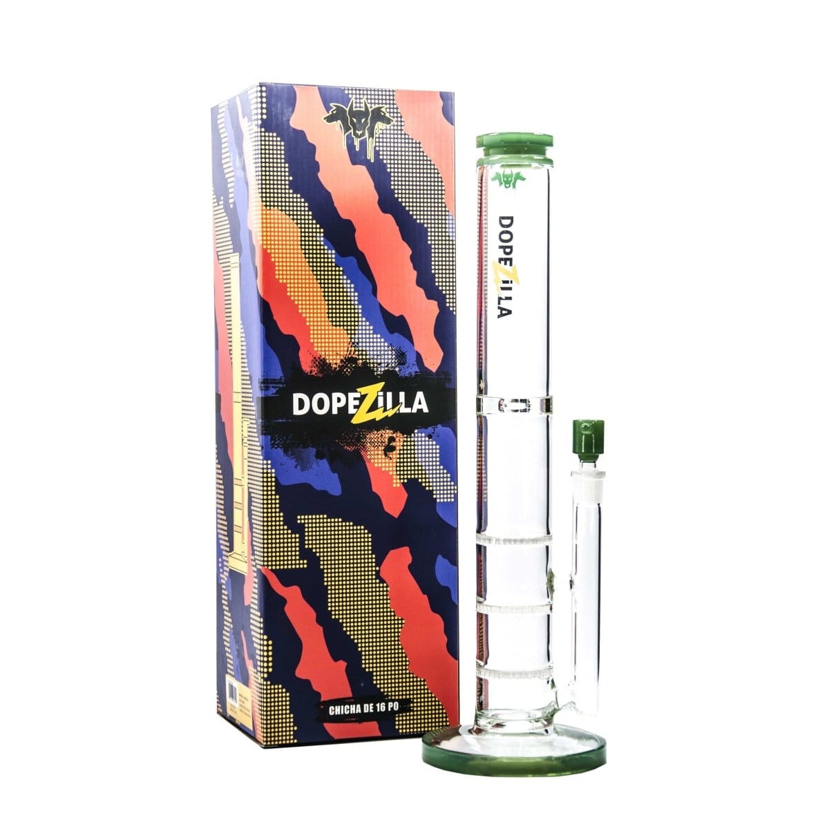 Front view of the DOPEZILLA CERBERUS 12 IN AND 16 IN STRAIGHT WATER PIPE, showcasing its clear glass construction and cylindrical shape.