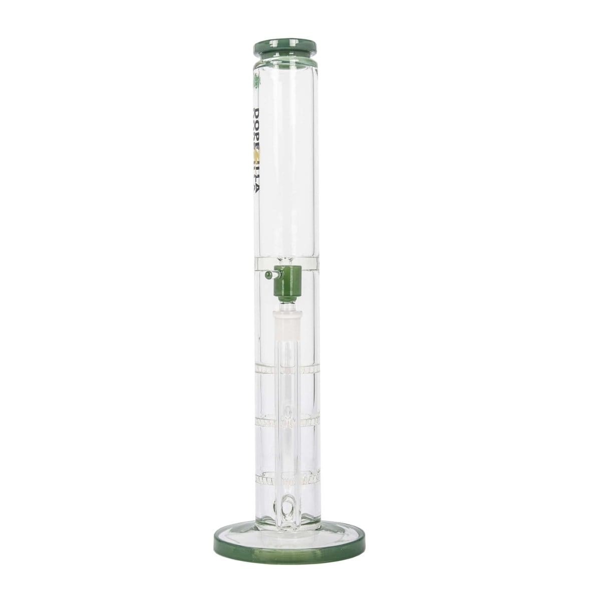 A straight-on view of the DOPEZILLA CERBERUS 12 IN AND 16 IN STRAIGHT WATER PIPE, showcasing its clear glass construction and simple cylindrical form.