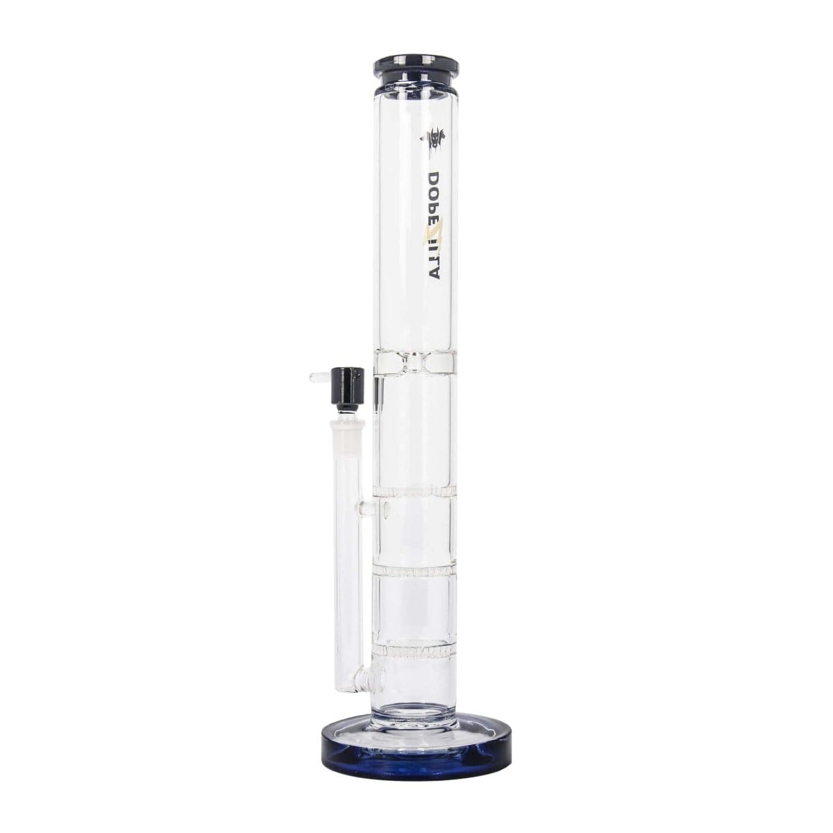 A straight-on view of the DOPEZILLA CERBERUS 12 IN AND 16 IN STRAIGHT WATER PIPE, displaying a clear glass construction against a plain white background.
