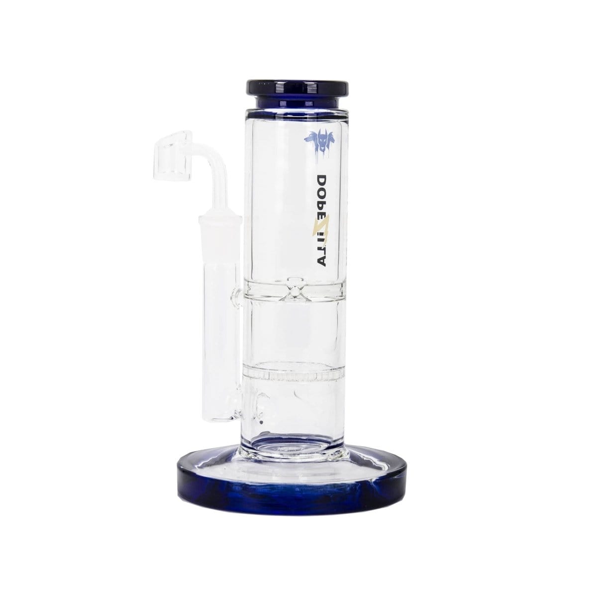 A straight-on view of the DOPEZILLA CERBERUS 8 IN water pipe, showing its clear glass construction and simple cylindrical shape.
