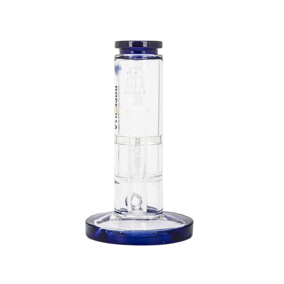 Front view of the DOPEZILLA CERBERUS 8 IN STRAIGHT WATER PIPE, a clear glass pipe with a wide base and cylindrical shape.