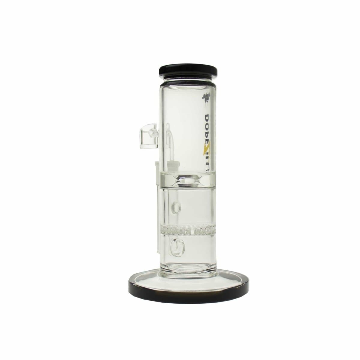 A straight-on view of the DOPEZILLA CERBERUS 8 IN STRAIGHT WATER PIPE, showcasing its clear glass construction and simple cylindrical shape.
