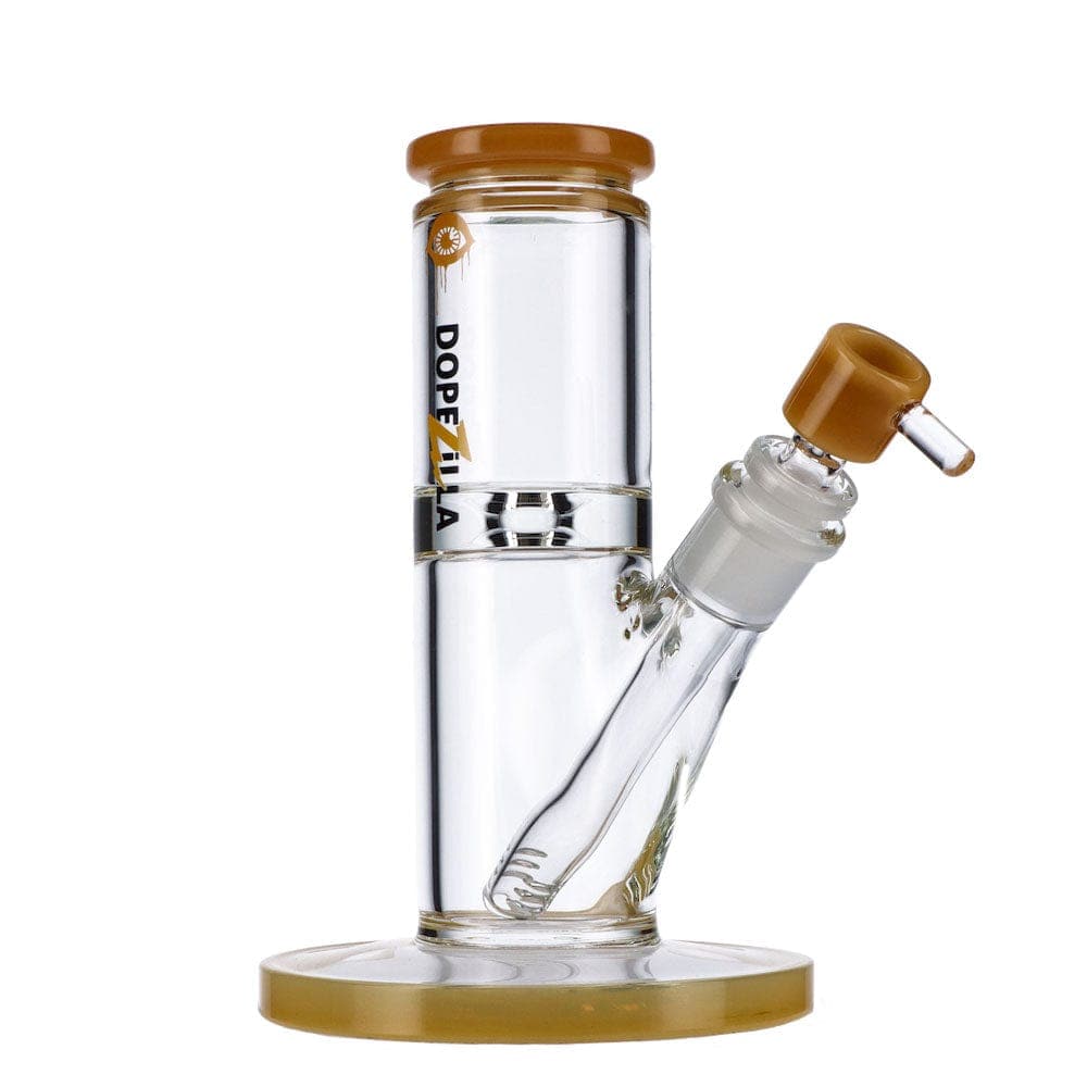 A studio shot of the DOPEZILLA CYCLOPS 8 IN AND 12 IN STRAIGHT WATER PIPE, showcasing its clear glass construction and cylindrical form.
