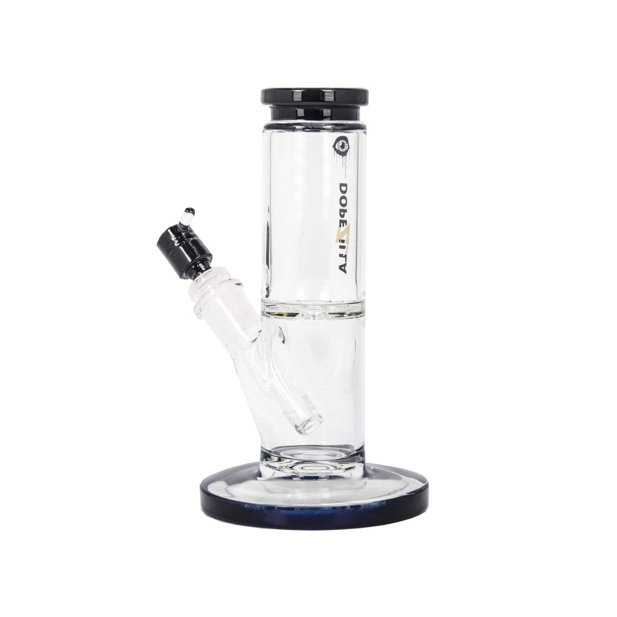 A studio shot of the DOPEZILLA CYCLOPS 8 IN AND 12 IN STRAIGHT WATER PIPE, showcasing its clear glass construction in a side view.