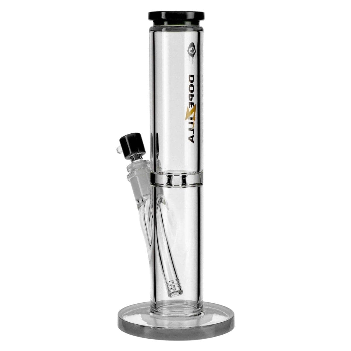 A straight-on view of the DOPEZILLA CYCLOPS 8 IN AND 12 IN STRAIGHT WATER PIPE, showcasing its clear glass construction and simple cylindrical form.