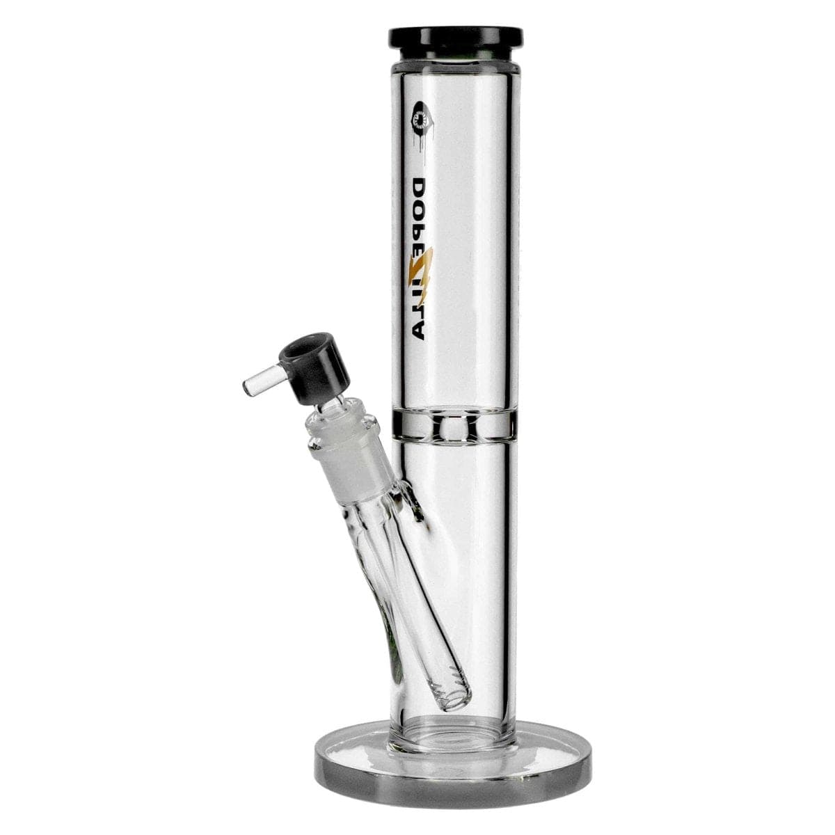 Front view of the DOPEZILLA CYCLOPS 8 IN AND 12 IN STRAIGHT WATER PIPE, a clear glass pipe angled against a white backdrop.