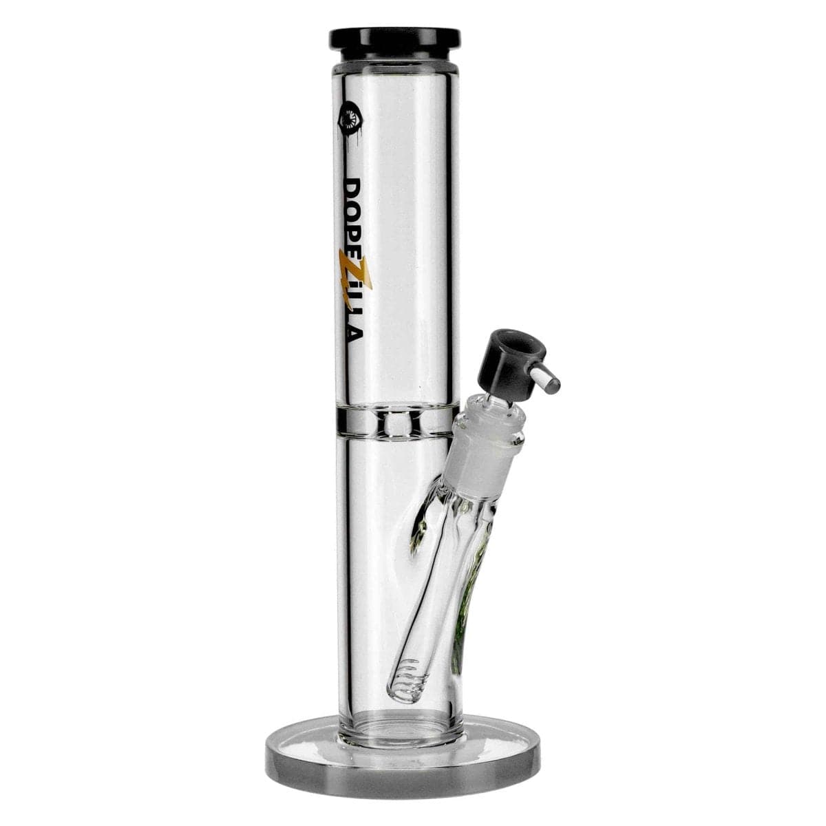 A straight-on view of the DOPEZILLA CYCLOPS 8 IN AND 12 IN STRAIGHT WATER PIPE, showcasing its clear glass construction and simple cylindrical form.