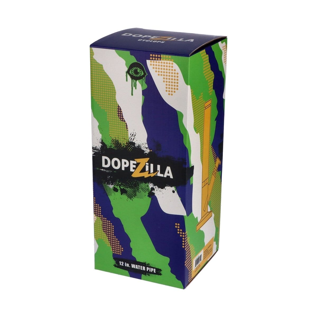 Front view of the DOPEZILLA CYCLOPS 8 IN AND 12 IN STRAIGHT WATER PIPE with a green and white patterned design.