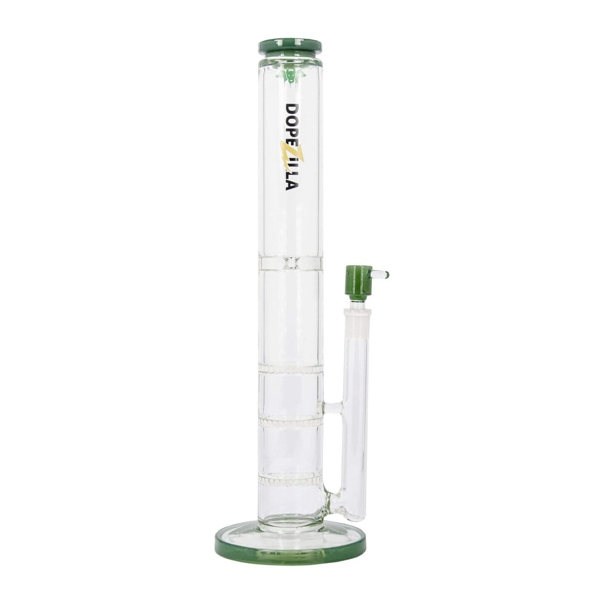 Front view of the DOPEZILLA CERBERUS 12 IN STRAIGHT WATER PIPE, a clear glass tube with a wide base and a simple cylindrical shape.