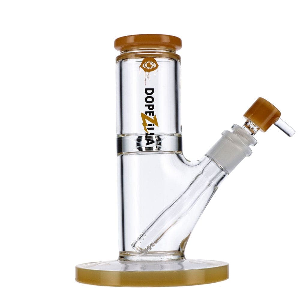 A side view of the DOPEZILLA CYCLOPS 8 IN AND 12 IN STRAIGHT WATER PIPE, displaying its clear glass construction and simple cylindrical form.