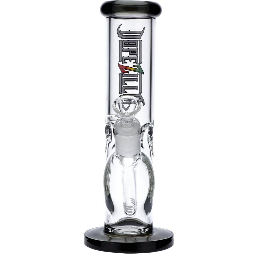 A studio shot of the Slimzilla 10" Straight Water Pipe, with a clear glass tube and black base, angled slightly from above.