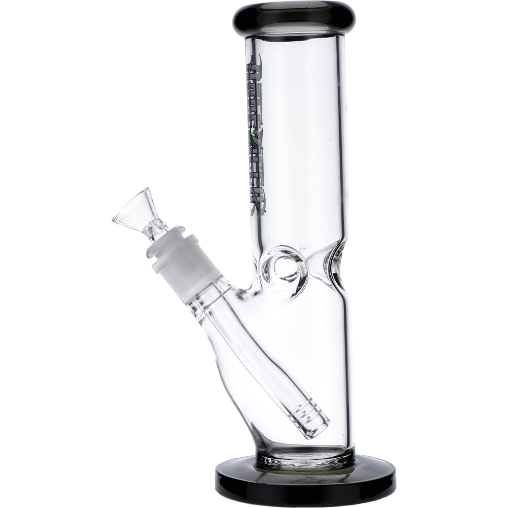 A straight-on view of the 10-inch Slimzilla water pipe, showcasing its clear glass construction and simple cylindrical shape.