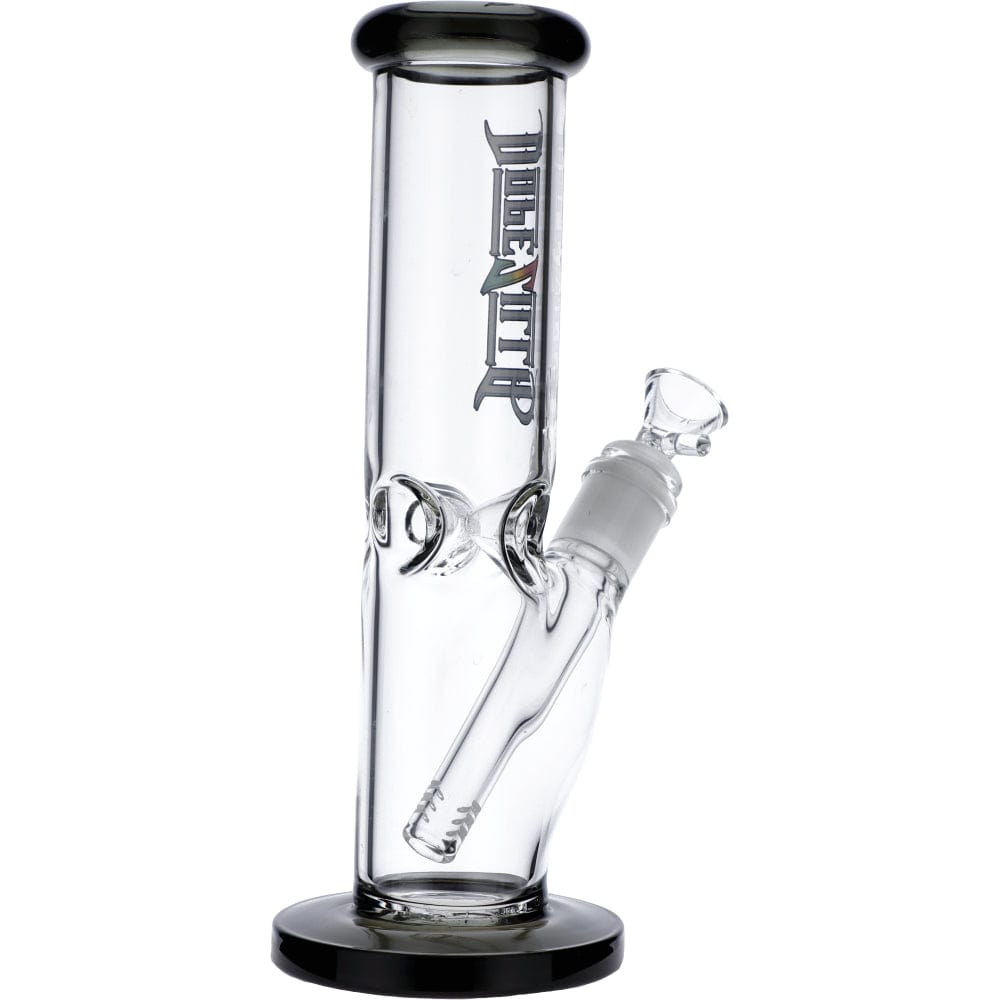 A straight-on view of the Slimzilla 10" Straight Water Pipe, showcasing its clear glass construction and simple cylindrical form.