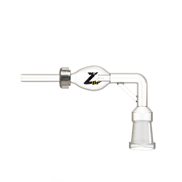 A diagonal view of the Stinger Female 90 Degree Dabbing Straw, showcasing its clear glass construction and angled tip.