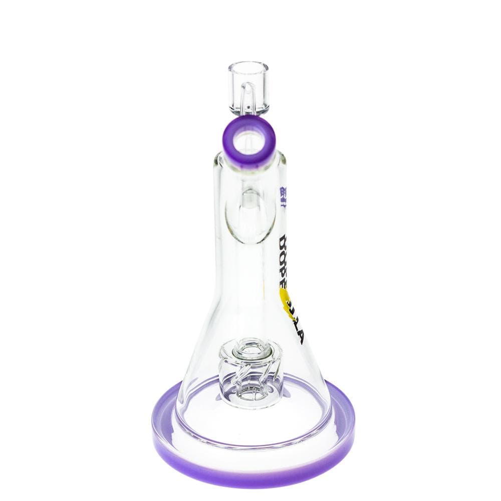 A studio shot of the Dopezilla Dab Rig Basilisk, featuring a clear glass rig with a rounded base and angled neck.