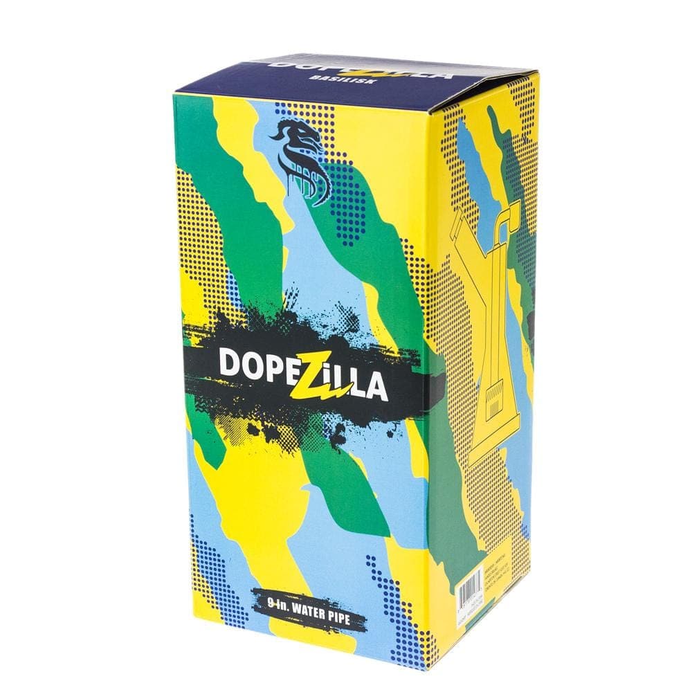 Front view of the Dopezilla Dab Rig Basilisk, a colorful, patterned rig with a wide base and angled neck, set against a plain background.