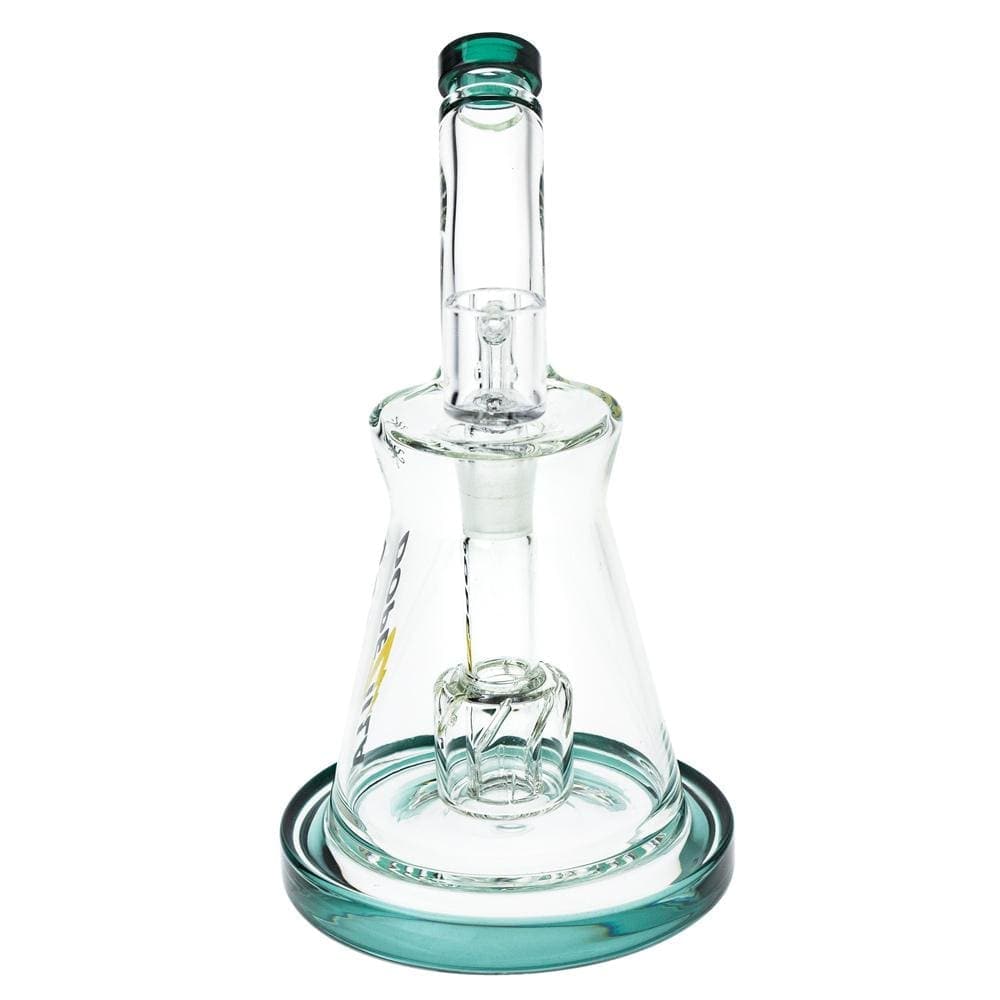 A slightly angled view of the DOPEZILLA KRAKEN 8 IN DAB RIG, showcasing its clear glass construction and rounded base.