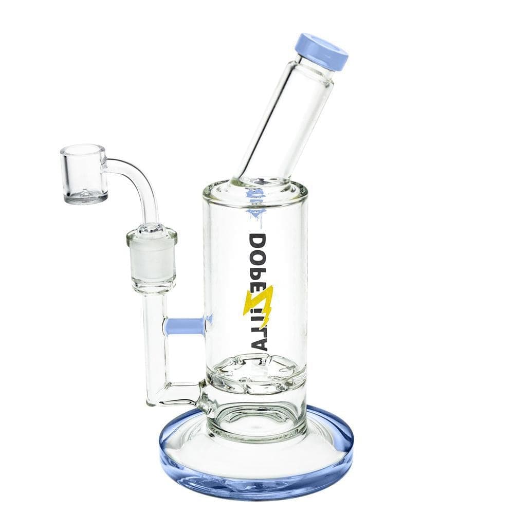 The Dopezilla Lycan Dab Rig is shown in a side view with a clear glass turbine quartz banger attached.