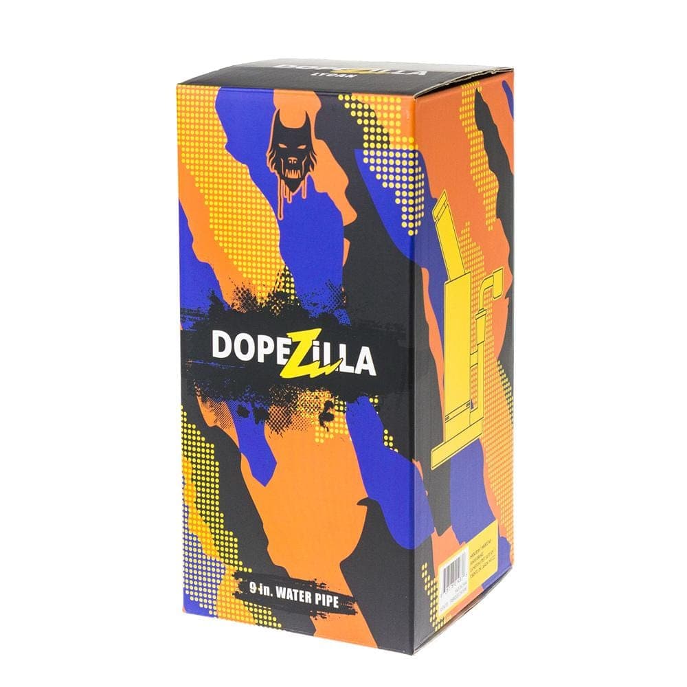 Front view of the Dopezilla Lycan Dab Rig, featuring a colorful, patterned design and a quartz banger.