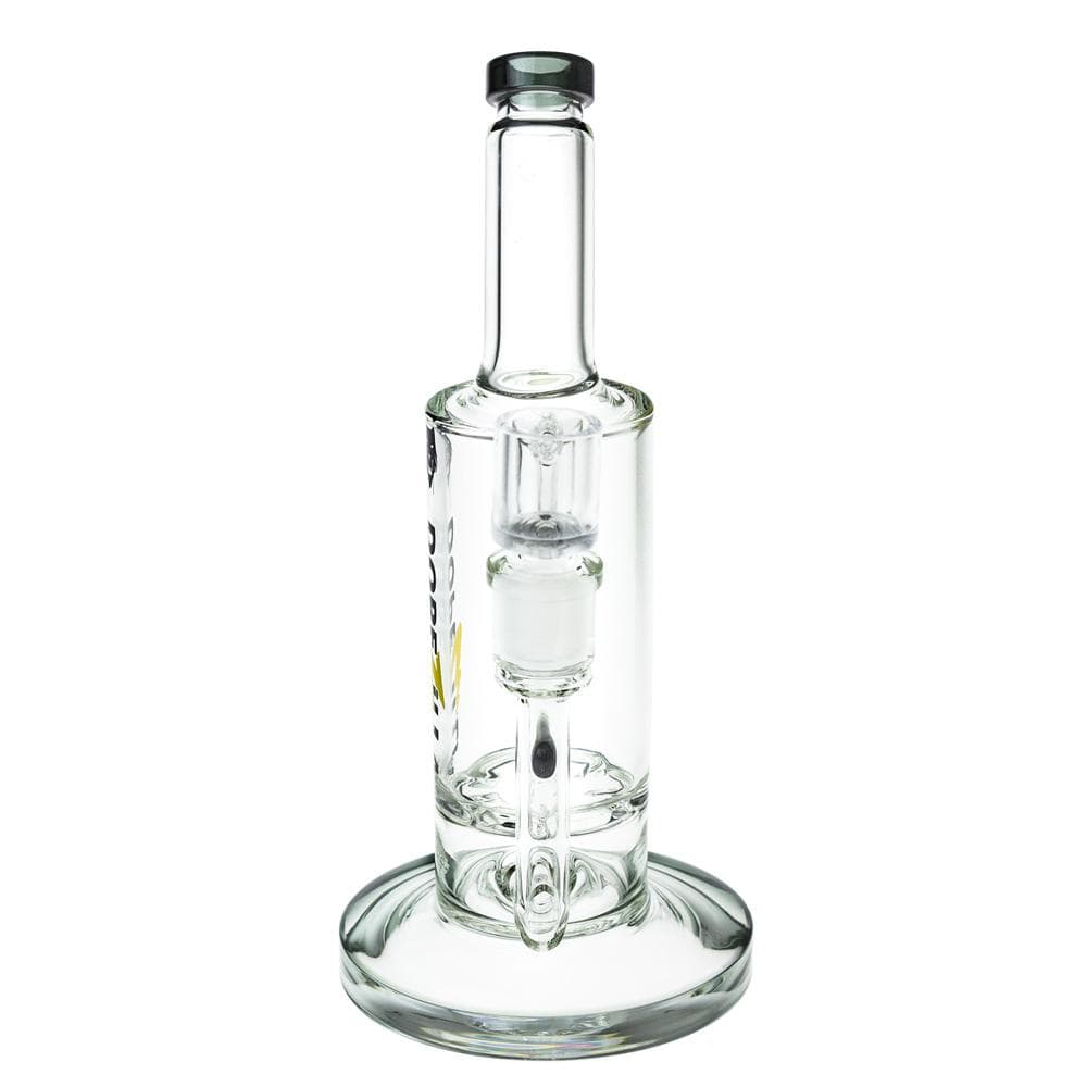 A front view of the Dopezilla Lycan Dab Rig, showing the clear borosilicate glass with a turbine quartz banger attached.