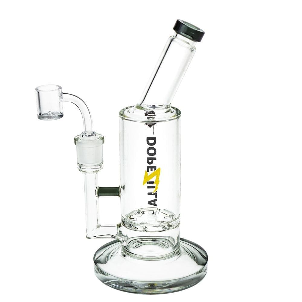Front view of the Dopezilla Lycan Dab Rig, featuring a clear glass turbine quartz banger and a rounded base.