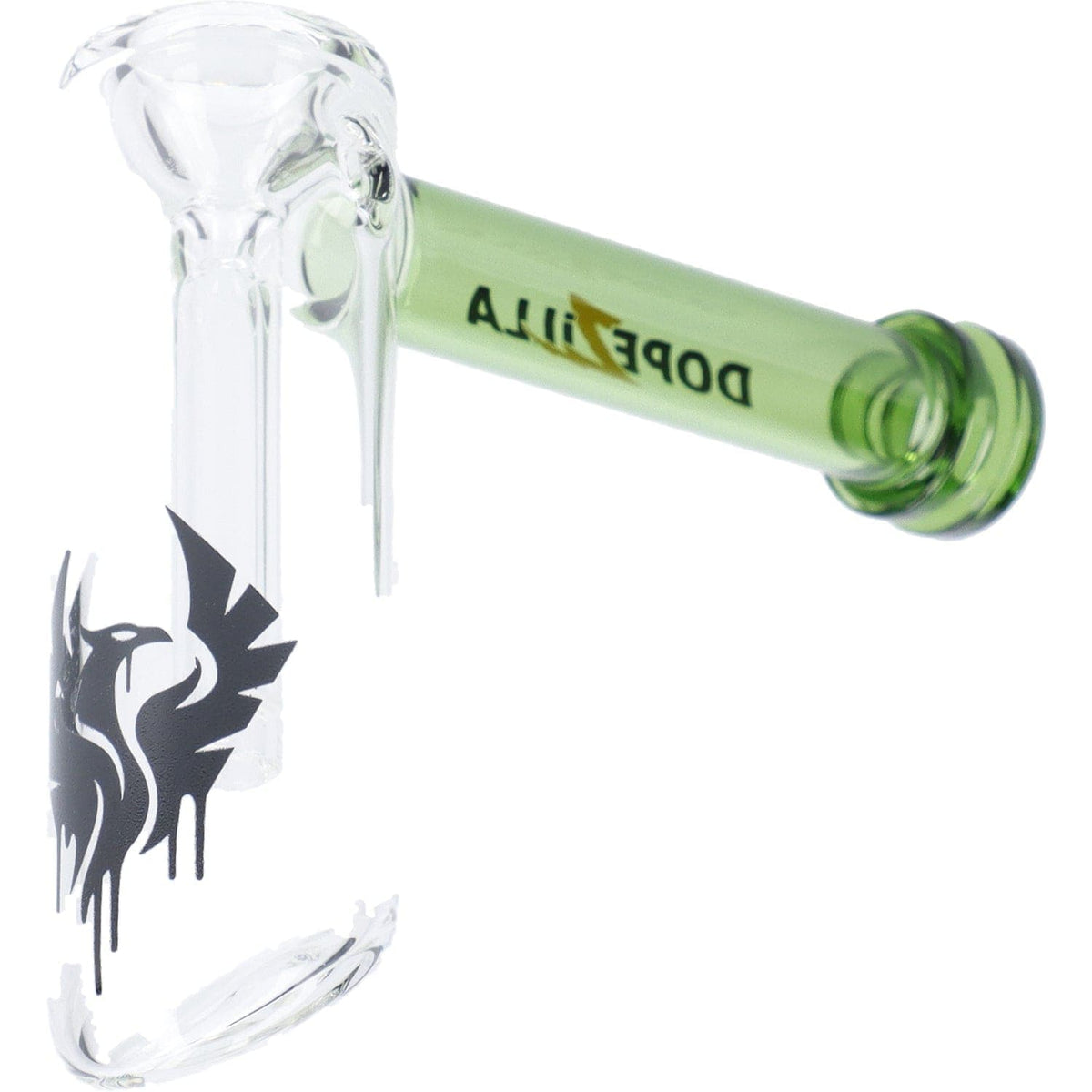 A studio shot of the 5" Phoenix Bubbler, featuring a clear glass bubbler with a curved neck, set against a plain white background.
