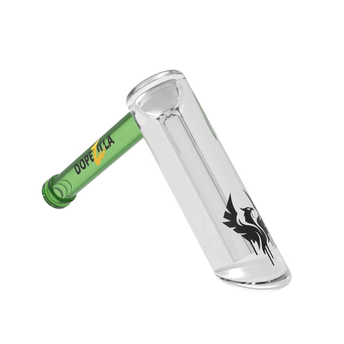 Front view of the 5" Phoenix Bubbler, a clear glass bubbler with a curved neck and sleek design.