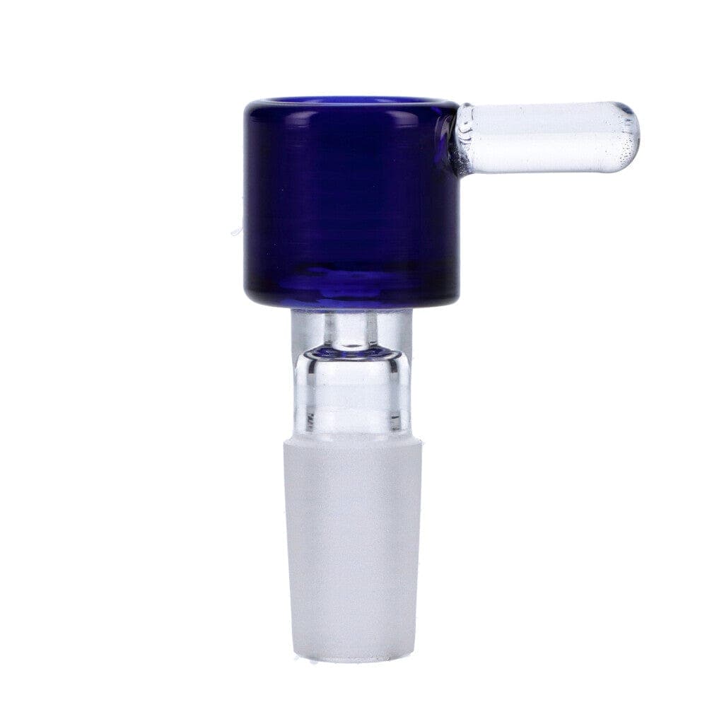 A studio shot of the Male Glass Replacement Bowl with Handle, showing the clear glass construction and angled view of the bowl.