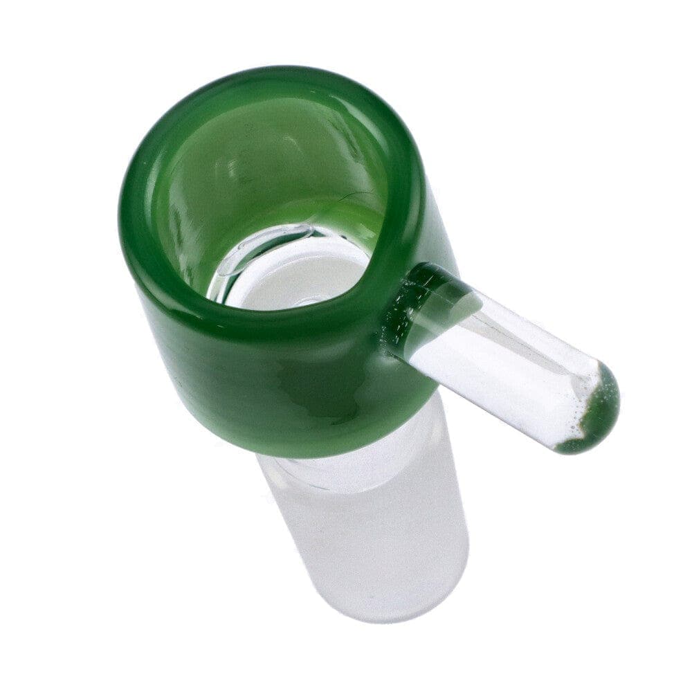 A top-down view of the Male Glass Replacement Bowl with Handle, showing a clear glass bowl with a handle and a wide opening.