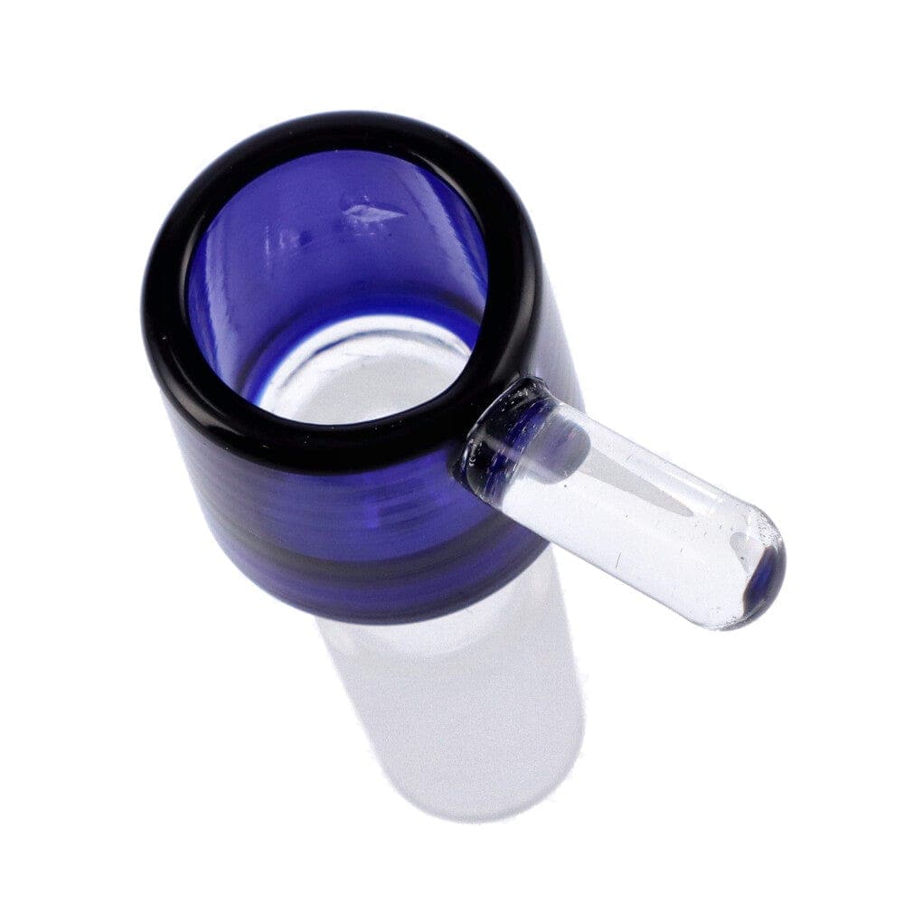 A slightly angled view of the Male Glass Replacement Bowl with Handle, showcasing its clear glass construction and rounded shape.