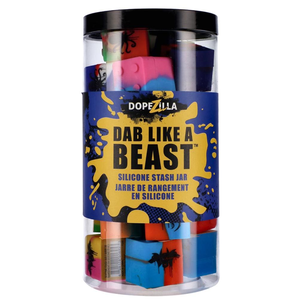 A brightly lit, angled view of the 30mm Lego Cube Silicone Stash Jar, showcasing its colorful, block-like design.