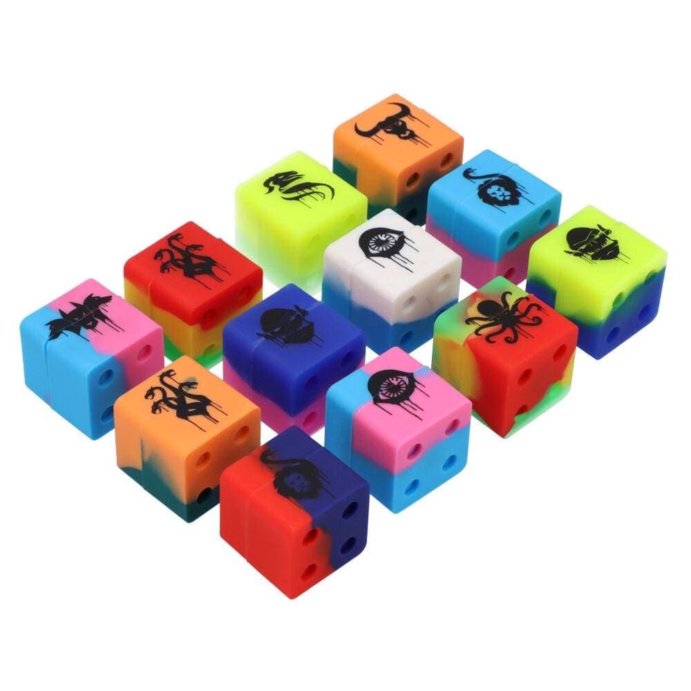 A vibrant arrangement of the 30mm Lego Cube Silicone Stash Jars, showcasing a range of colorful, cube-shaped containers.
