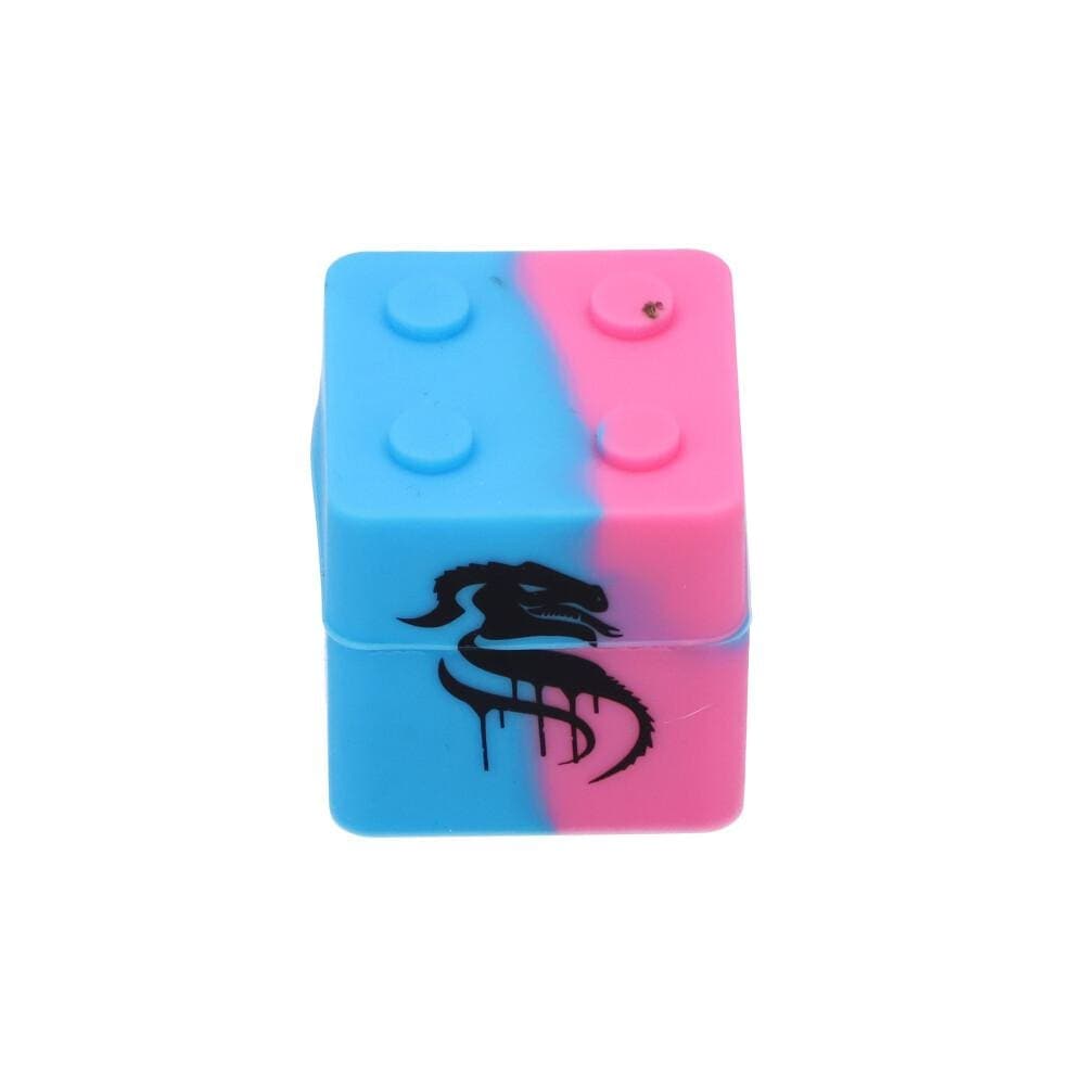 A straight-on shot of the 30mm Lego Cube Silicone Stash Jar, appearing as a colorful, blocky container on a white background.