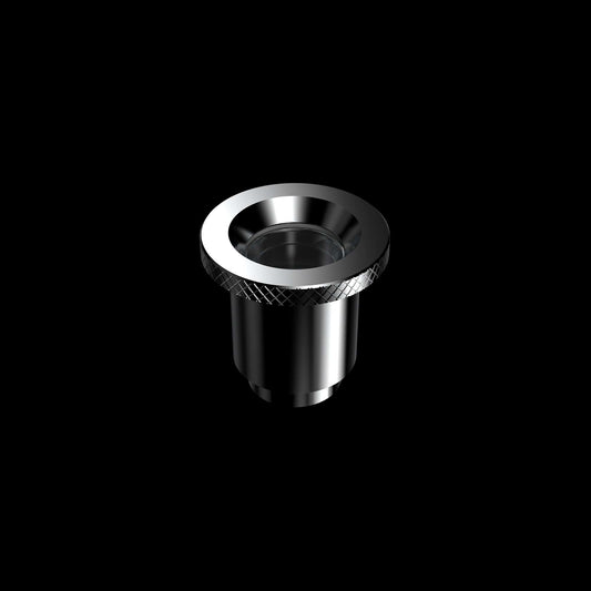 Close-up view of the Boost Evoâ„¢ Quartz Atomizer with a metallic finish, angled against a dark background.