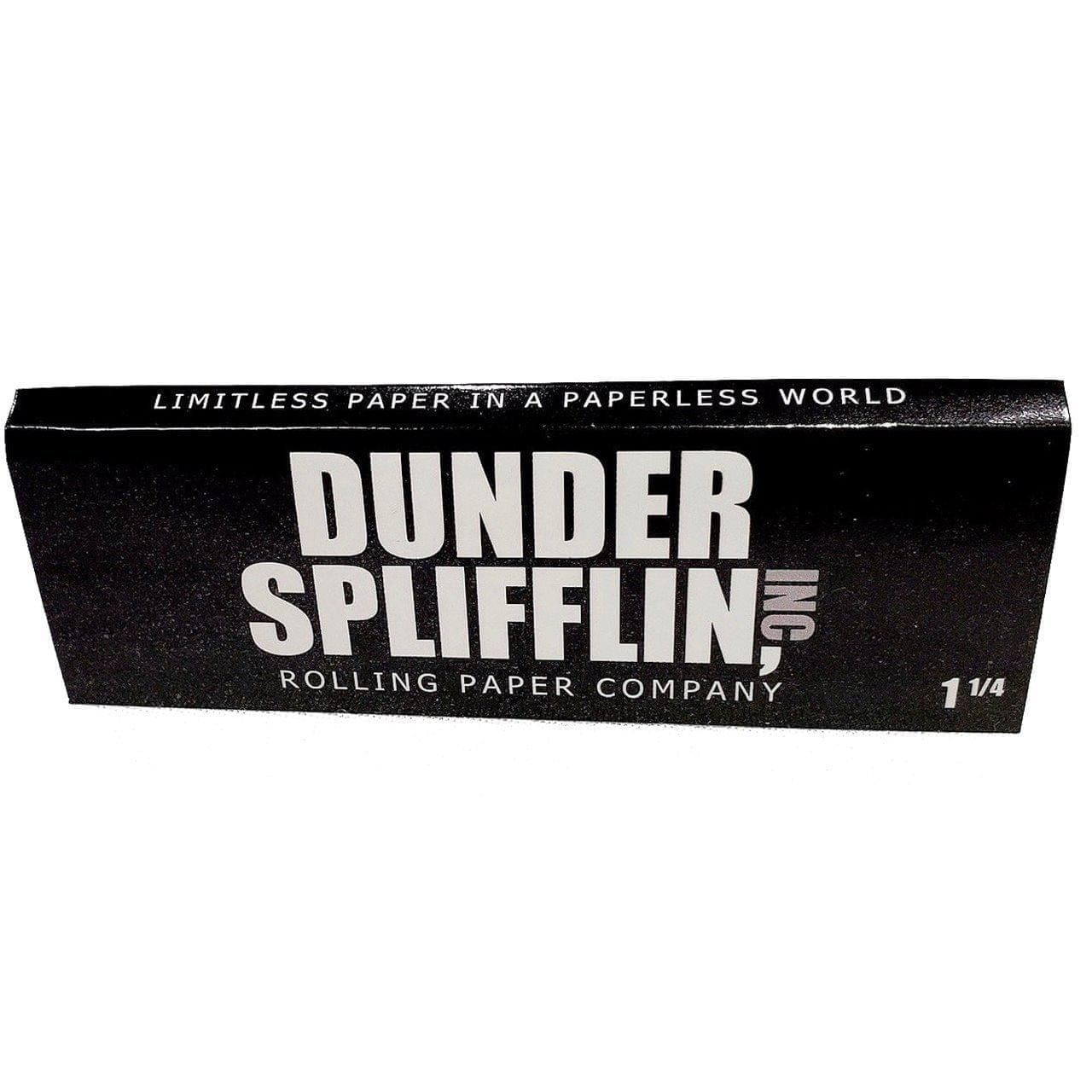 Front view of Dunder Splifflin Rolling Papers packaging with bold white text on a black background.