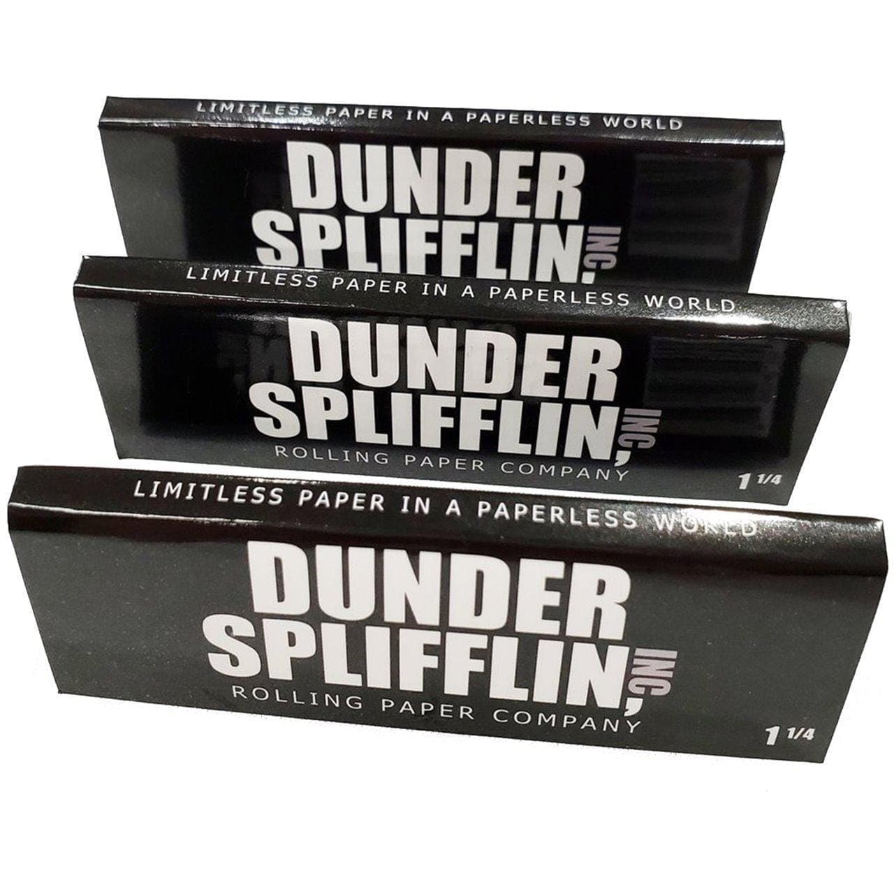 A stack of Dunder Splifflin Rolling Papers against a black background, viewed from a slightly angled, close-up perspective.