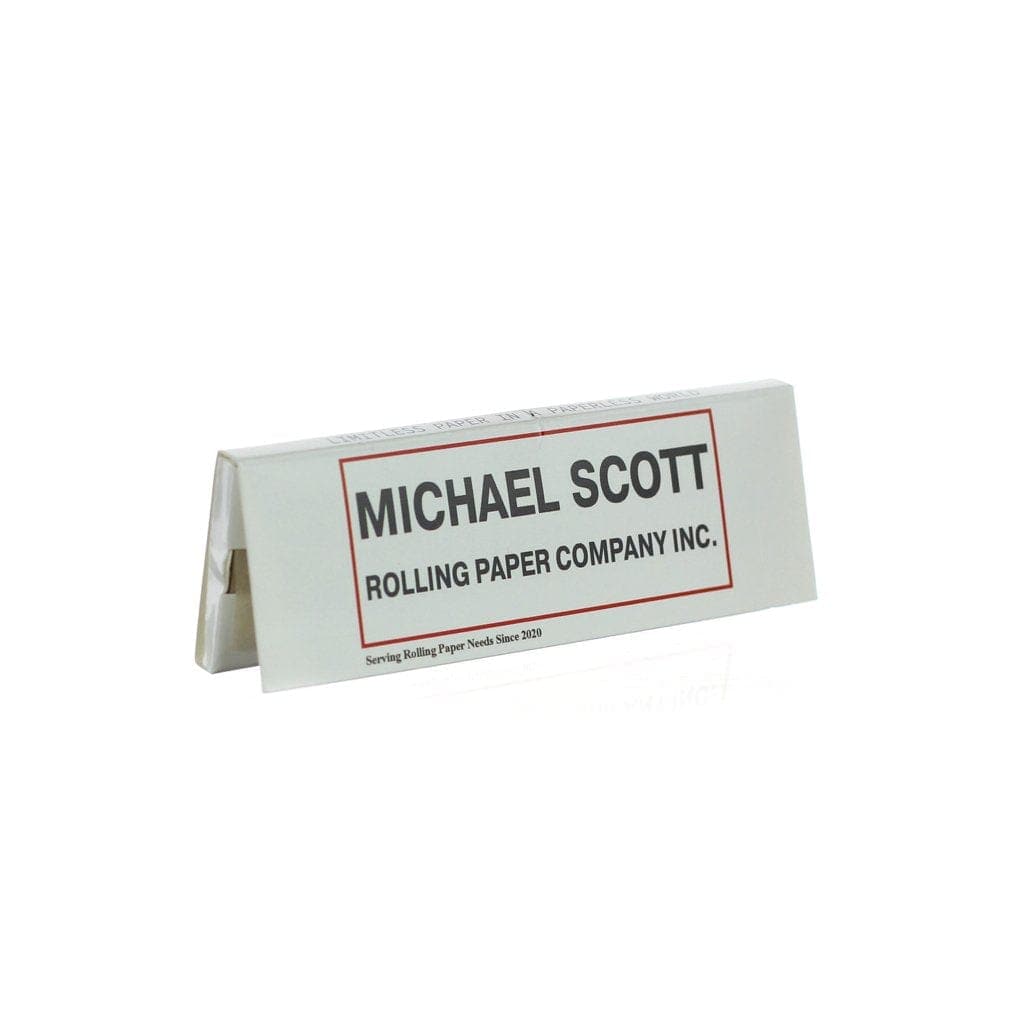 Front view of the Michael Scott Paper Company 1 1/4 rolling papers package, displaying branded text on a white background.