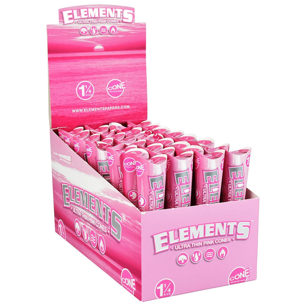 A display of Elements Ultra Thin Pink Cones is shown in a front view, with branding visible on the packaging.