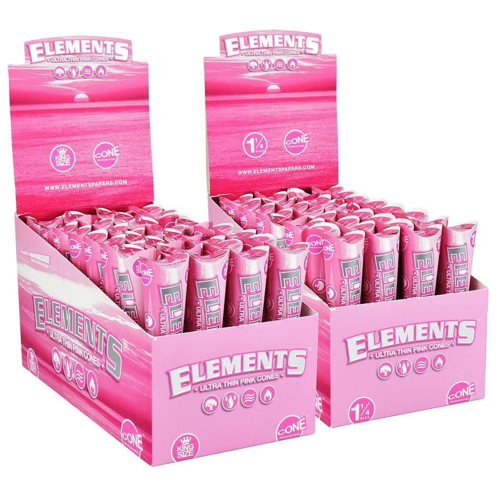 A full display of Elements Ultra Thin Pink Cones against a dark background, showing the packaging and cone arrangement.
